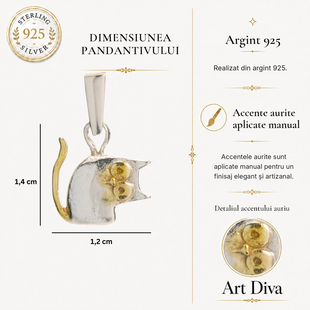 Pandantiv „Pisana” cu pisică din argint 925 pentru iubitorii de pisici și animale, bijuterie sculpturală în stil boho și rustic | Art Diva