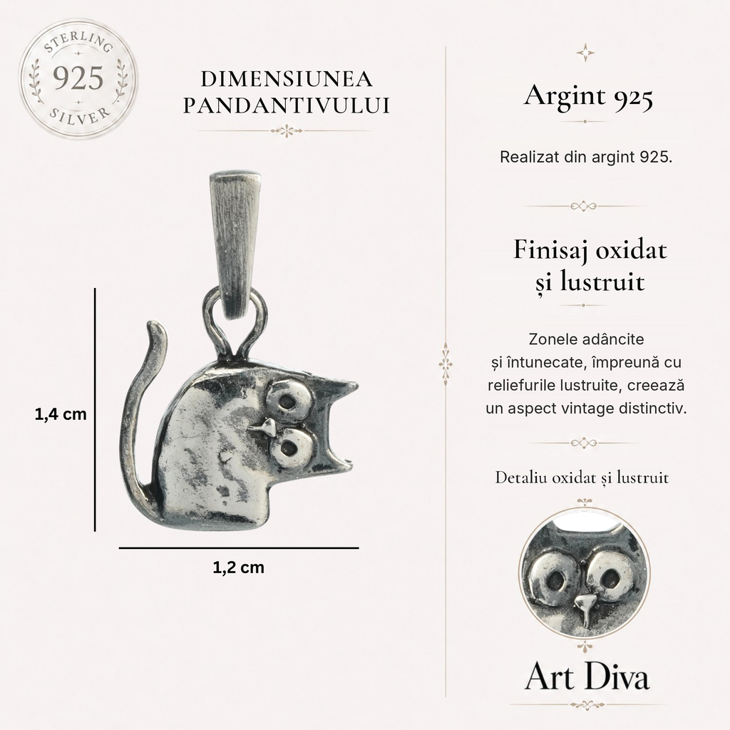 Pandantiv „Pisana” cu pisică din argint 925 oxidat pentru iubitorii de pisici, bijuterie sculpturală în stil boho și rustic | Art Diva
