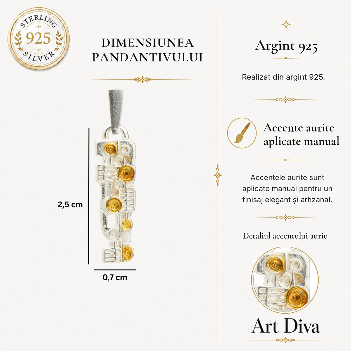 Pandantiv „Puls” din argint 925 cu accente aurii, bijuterie artistică pentru forță și ritm | Art Diva