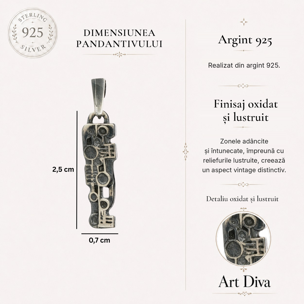 Pandantiv „Puls” realizat manual din argint 925, bijuterie sculpturală artistică pentru forță și ritm, în stil boho și rustic | Art Diva