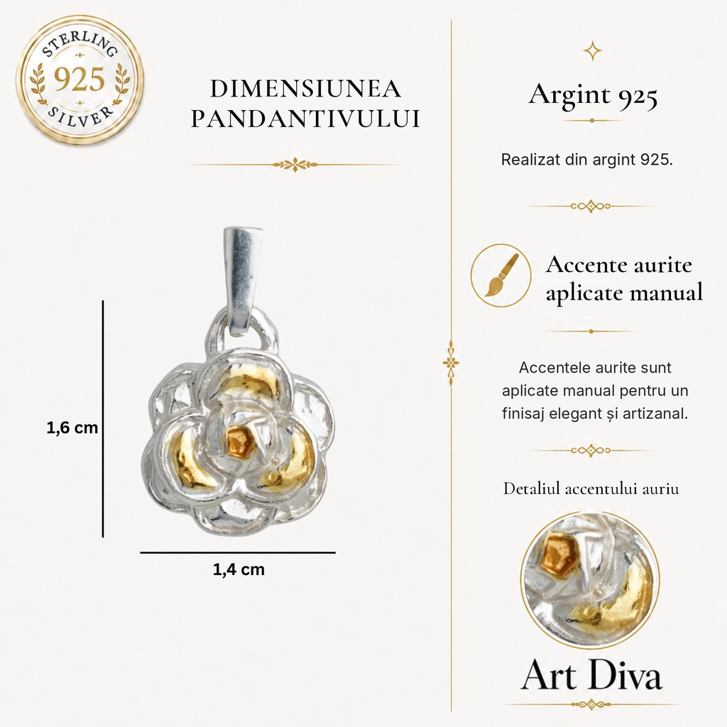 Pandantiv „Camelie” handmade din argint 925 cu accente aurii – talisman pentru feminitate, forță interioară și frumusețe, bijuterie sculpturală în stil boho și rustic | Art Diva