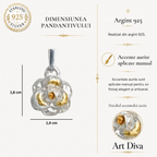 Pandantiv „Camelie” handmade din argint 925 cu accente aurii – talisman pentru feminitate, forță interioară și frumusețe, bijuterie sculpturală în stil boho și rustic | Art Diva