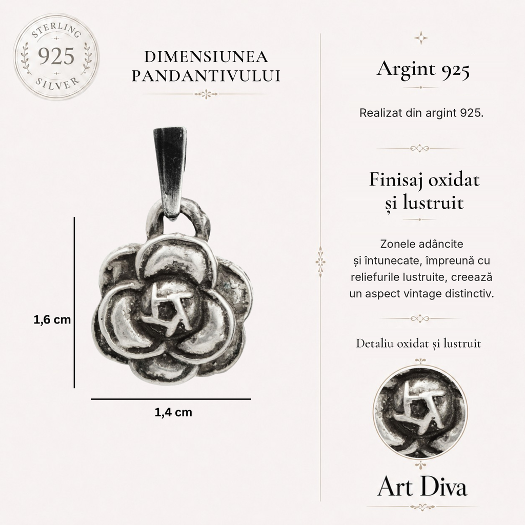 Pandantiv „Camelie” realizat manual din argint 925, talisman pentru frumusețe și eleganță, bijuterie sculpturală în stil boho și rustic | Art Diva
