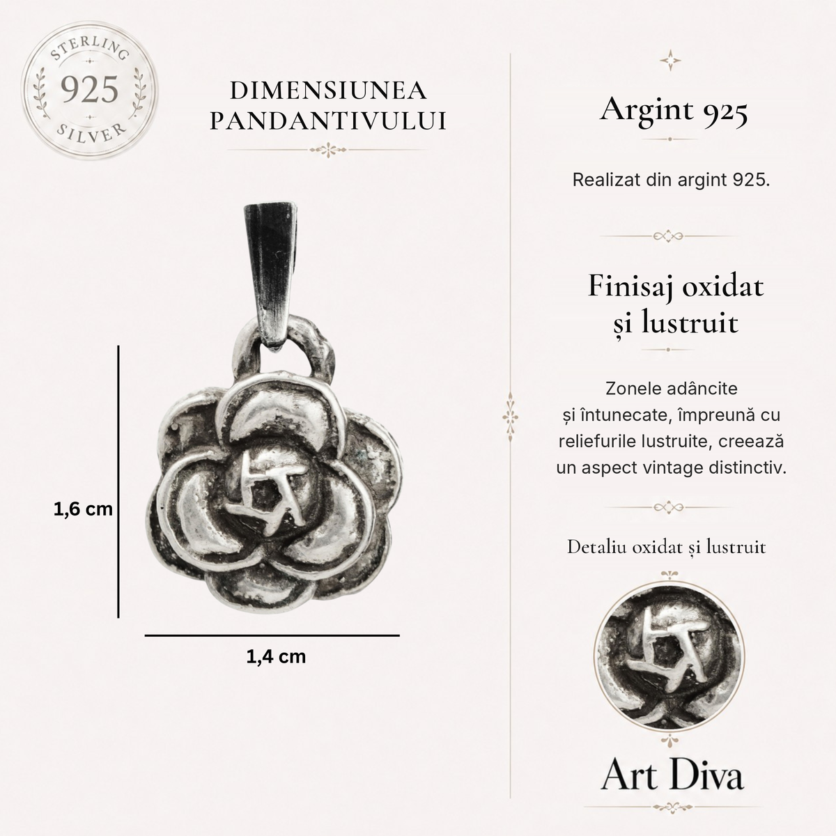 Pandantiv „Camelie” realizat manual din argint 925, talisman pentru frumusețe și eleganță, bijuterie sculpturală în stil boho și rustic | Art Diva