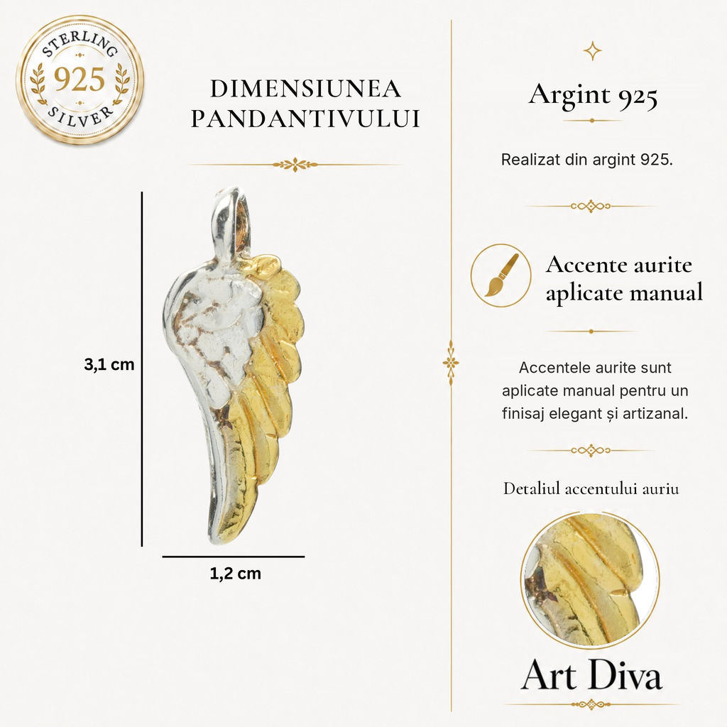 Pandantiv „Aripă de înger” handmade din argint 925 cu accente aurii – talisman pentru protecție, forță și lumină, bijuterie sculpturală în stil boho și rustic | Art Diva