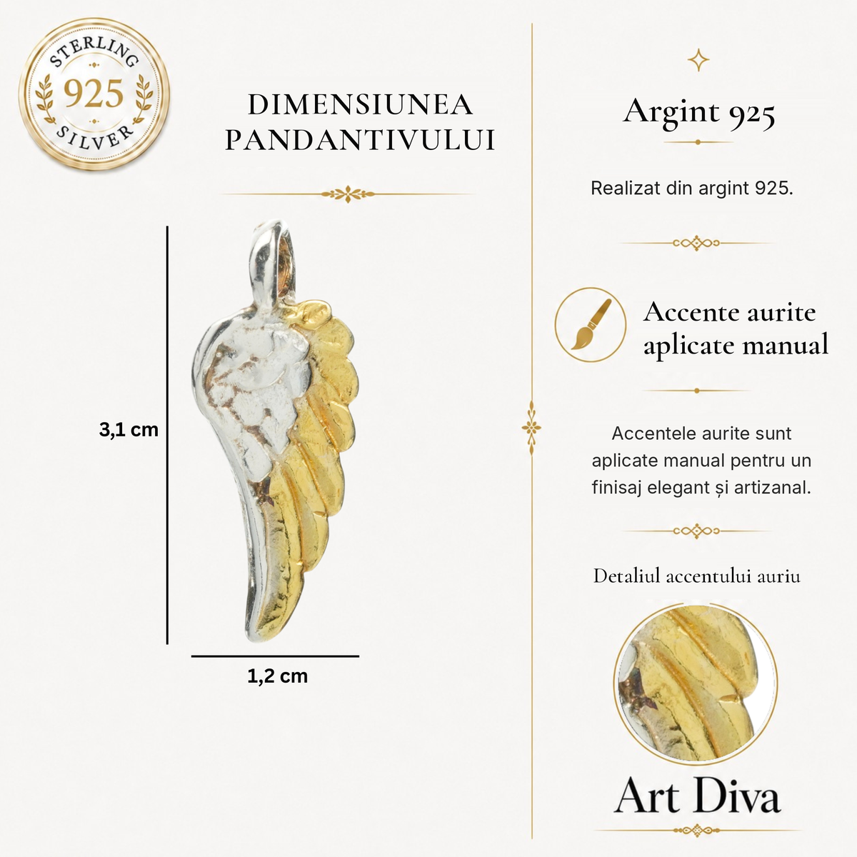 Pandantiv „Aripă de înger” handmade din argint 925 cu accente aurii – talisman pentru protecție, forță și lumină, bijuterie sculpturală în stil boho și rustic | Art Diva