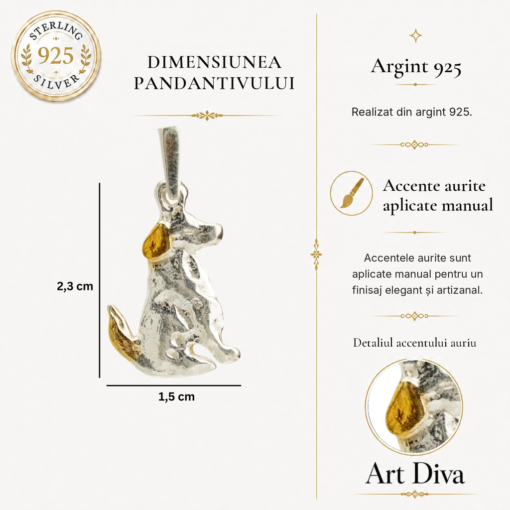 Pandantiv Câine din argint 925 cu accente aurii – talisman pentru loialitate, dragoste de animale și legătura cu prietenul tău necuvântător | Art Diva