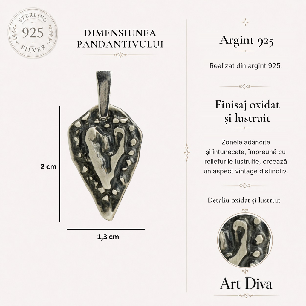 Pandantiv „Inima afecțiunii” din argint 925, realizat manual – talisman pentru iubire și gingășie, bijuterie sculpturală în stil boho și rustic | Art Diva