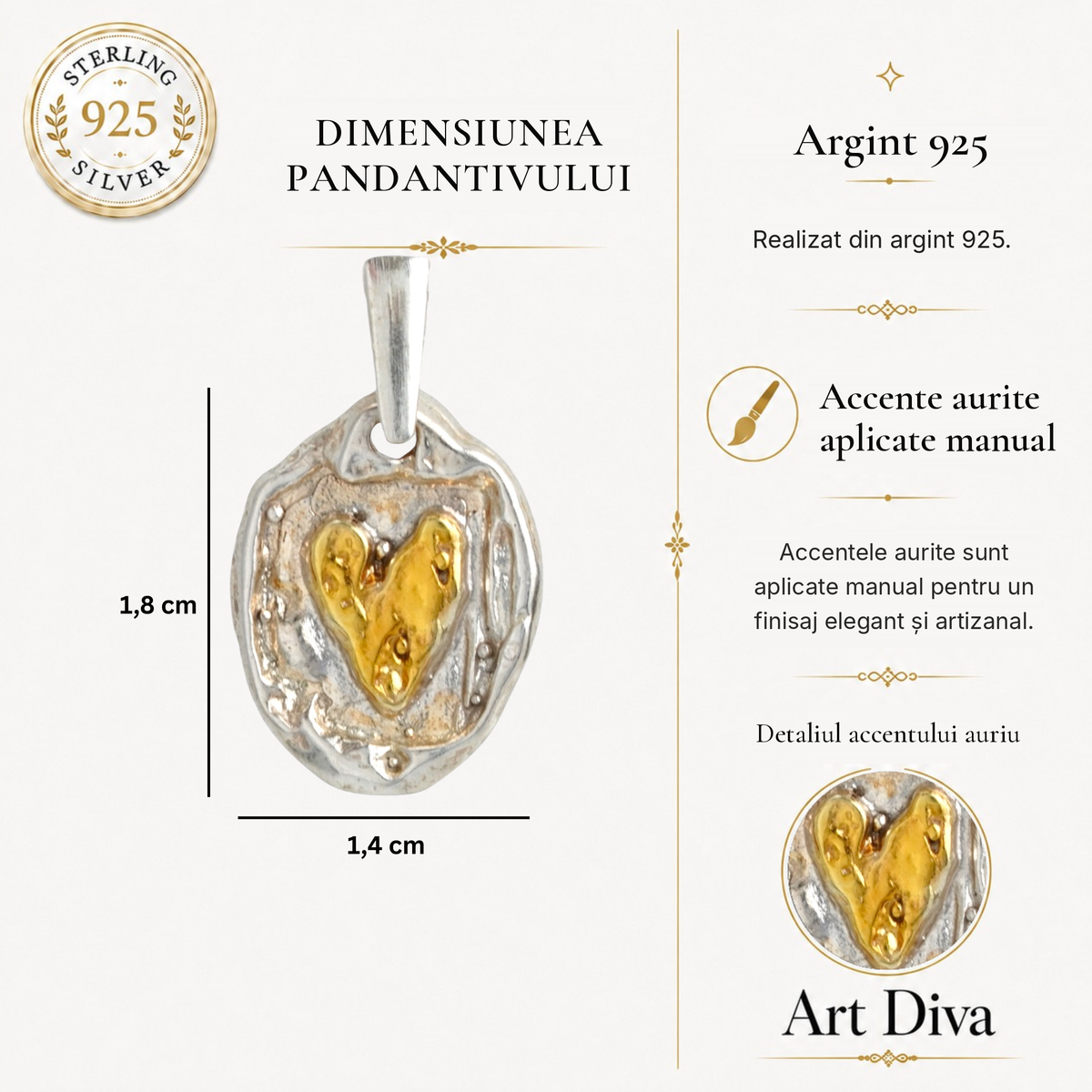Pandantiv „Inimă aurie” handmade din argint 925 – simbol al iubirii și al căldurii, bijuterie sculpturală în stil boho și rustic | Art Diva