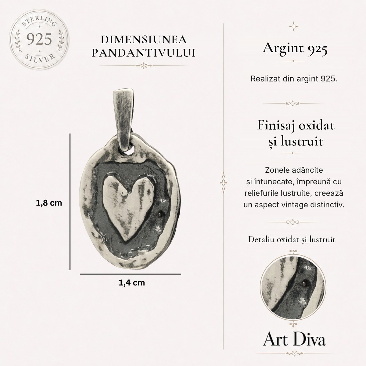 Pandantiv „Inimă rustică” din argint 925, realizat manual – talisman pentru iubire și apropiere sufletească, bijuterie sculpturală în stil boho și rustic | Art Diva