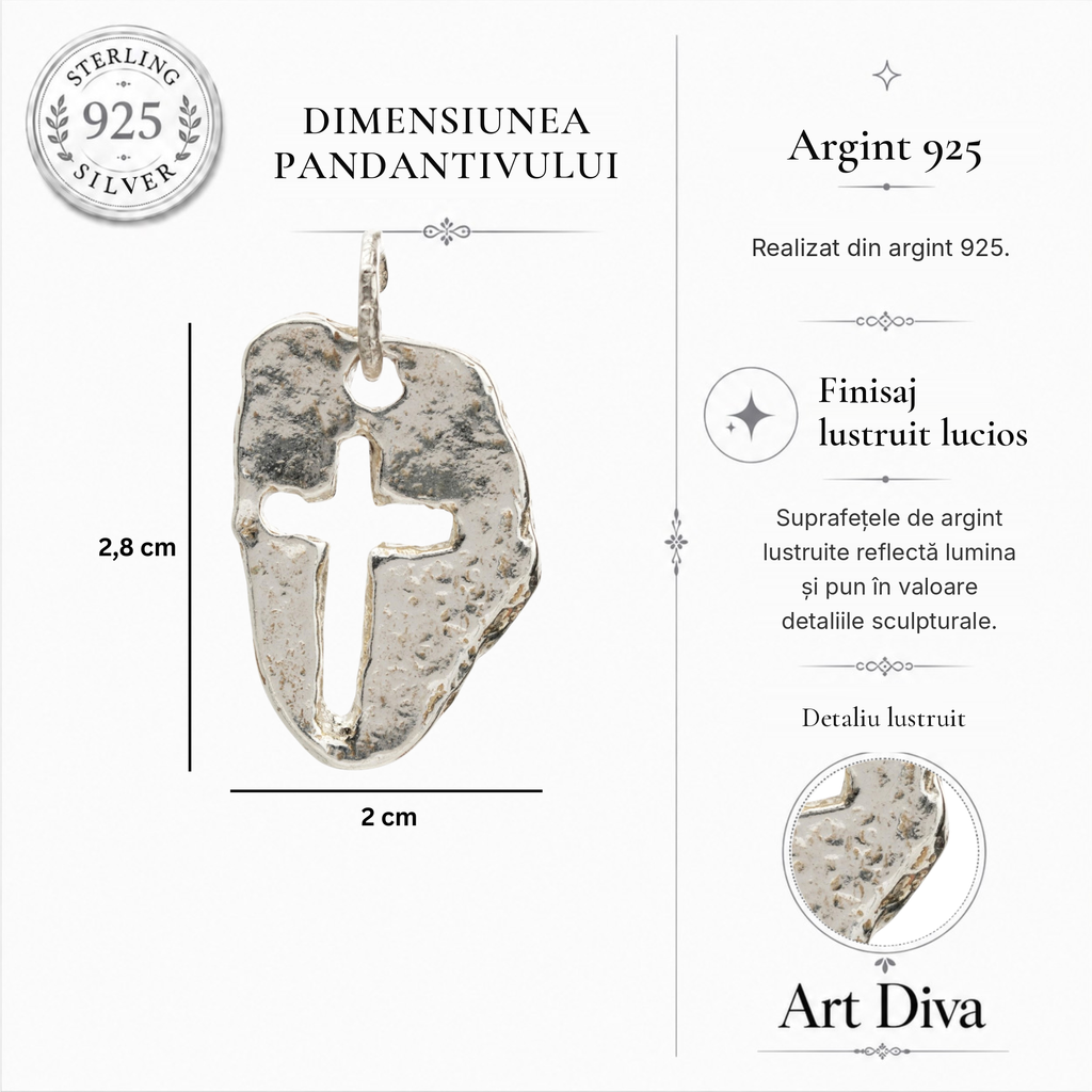 Pandantiv „Cruce masivă” pentru bărbați din argint 925, lustruit manual – talisman pentru forță, reziliență și protecție, bijuterie sculpturală în stil boho și rustic | Art Diva