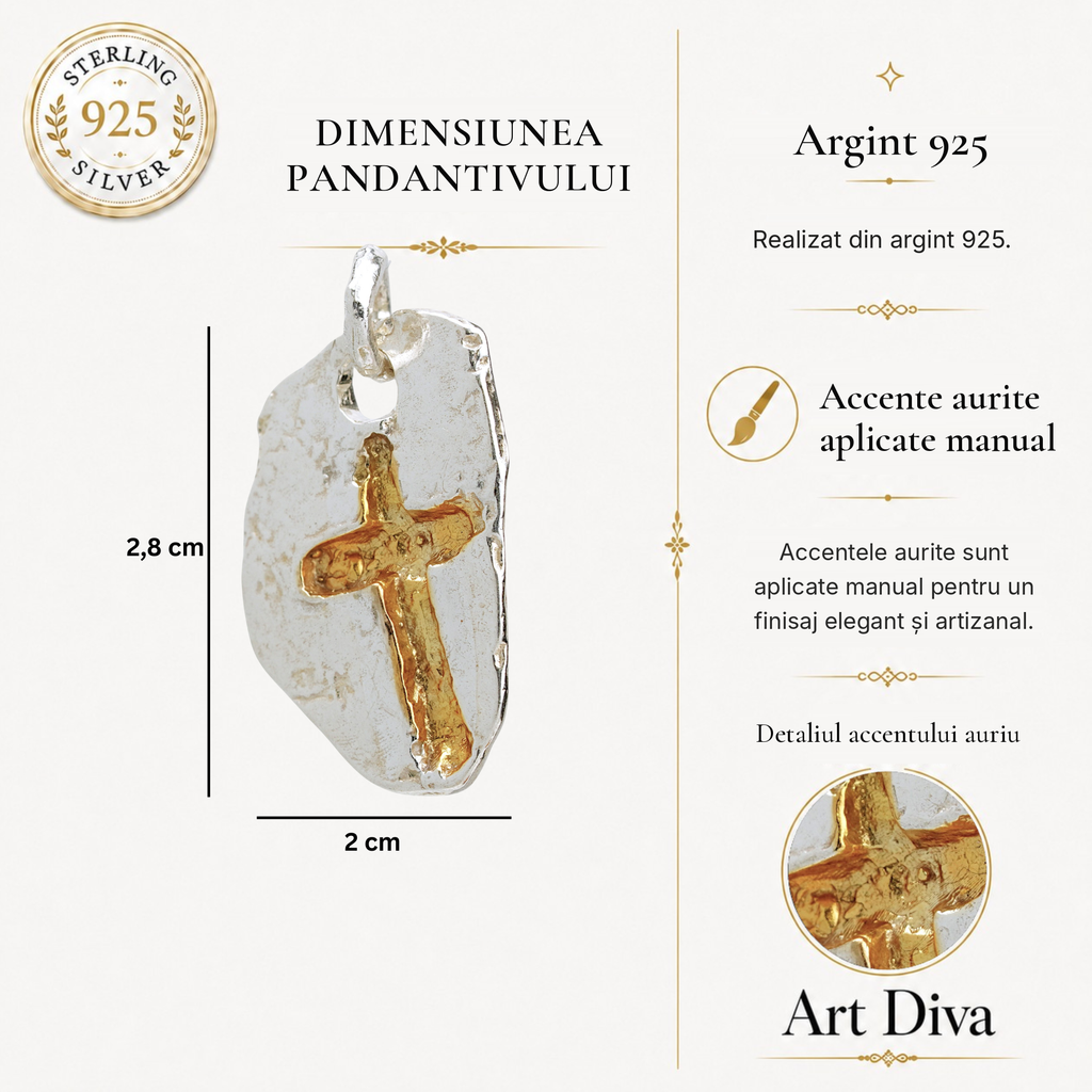 Pandantiv „Cruce masivă” pentru bărbați din argint 925, lustruit manual – talisman pentru forță, reziliență și protecție, bijuterie sculpturală în stil boho și rustic | Art Diva