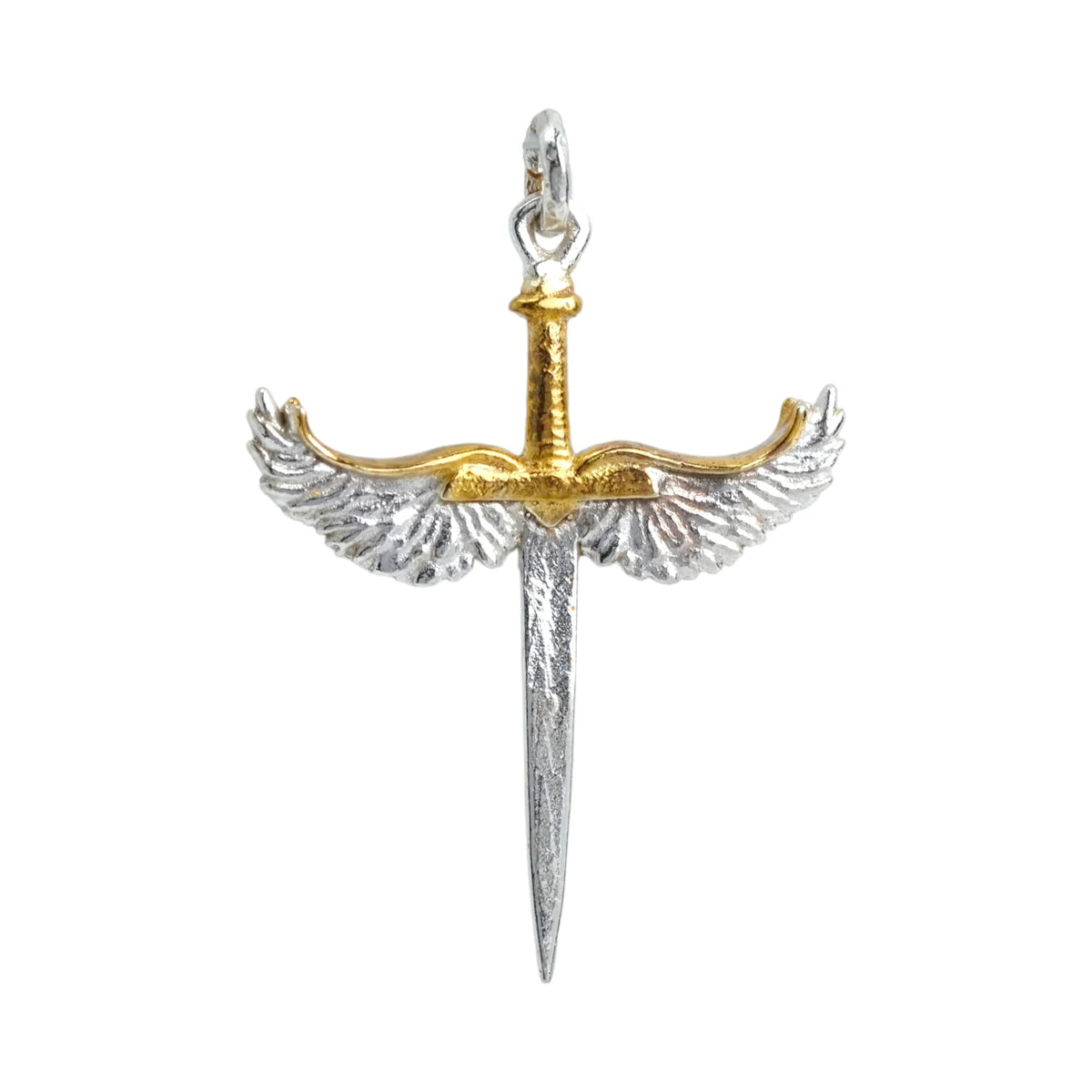 Pandantiv „Sabie cu Aripi de Înger” pentru bărbați din argint 925 cu accente aurii – talisman realizat manual pentru forță și protecție, bijuterie sculpturală în stil boho | Art Diva