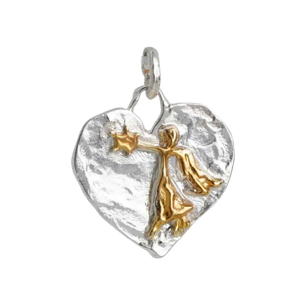 Pandantiv Inimă cu înger păzitor și stea din argint 925 – talisman pentru protecție, iubire și credință, realizat manual în stil boho și rustic | Art Diva