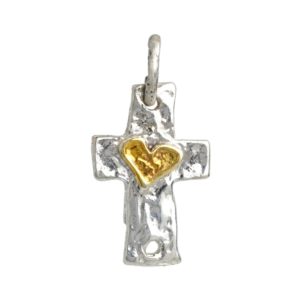 Pandantiv „Cruce cu inimă” din argint 925 cu accente aurii – talisman realizat manual pentru credință și iubire, în stil boho și rustic | Art Diva