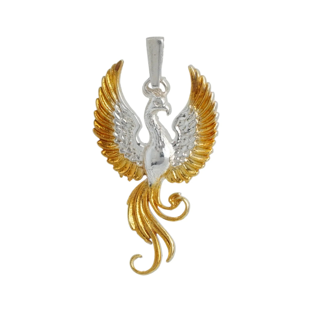 Pandantiv „Phoenix” din argint 925 cu accente aurii – talisman lustruit manual pentru renaștere, forță și nou început, bijuterie sculpturală în stil boho-rustic | Art Diva