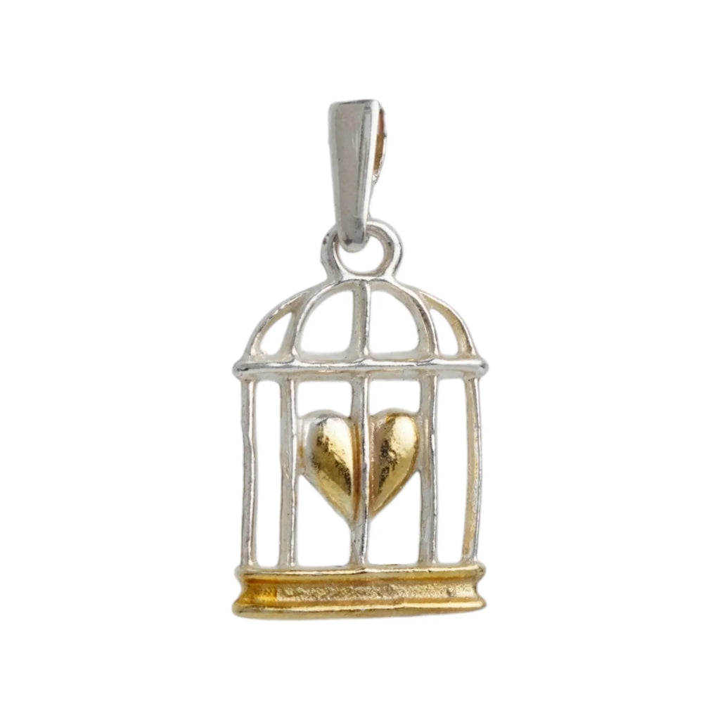 Pandantiv „Inimă în Colivie” din argint 925 cu accent auriu – talisman pentru forță, iubire și libertate emoțională, bijuterie sculpturală în stil boho și rustic | Art Diva