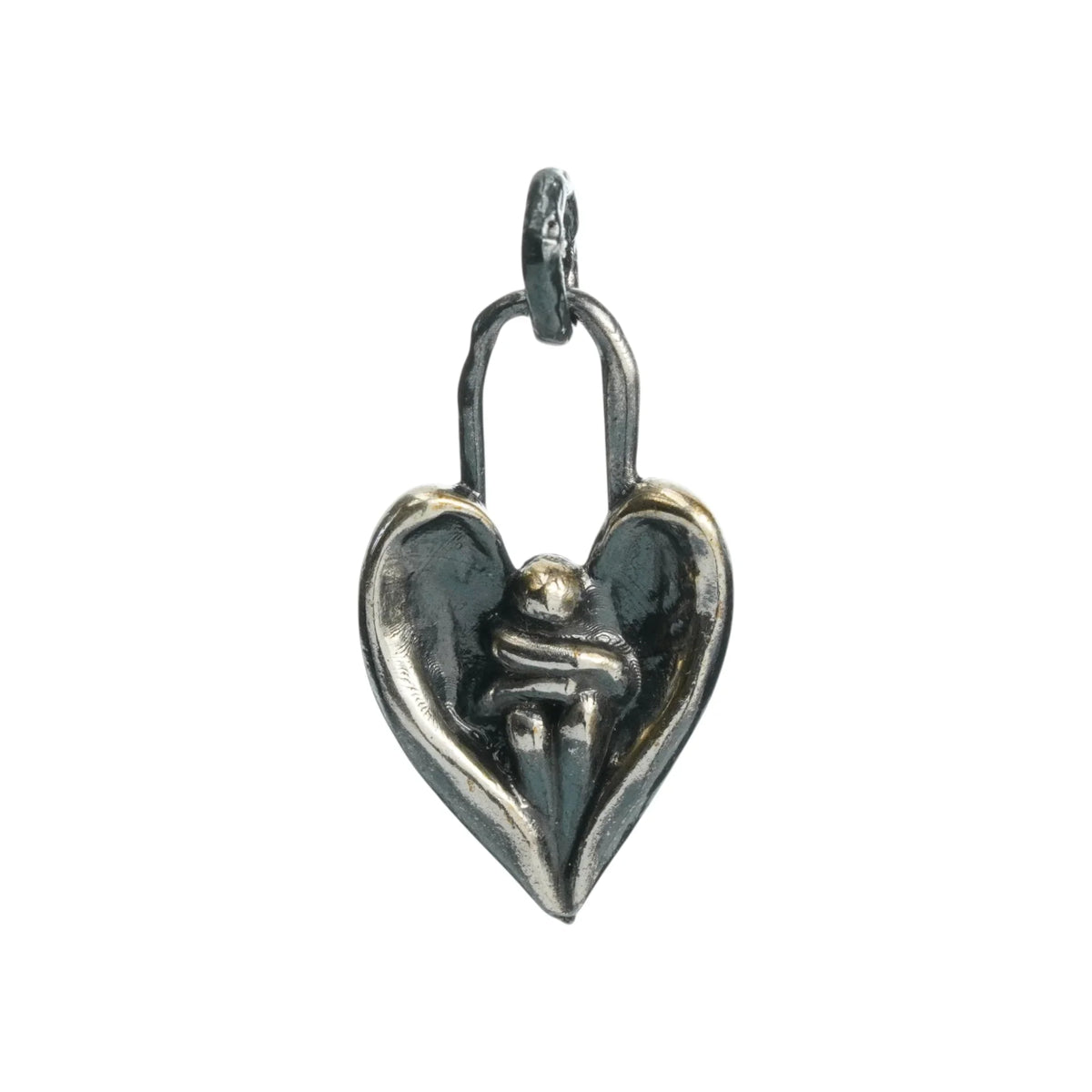 Pandantiv „Îmbrățișarea îngerului” din argint 925 – talisman pentru alinare și protecție, bijuterie sculpturală oxidată în stil boho și rustic | Art Diva