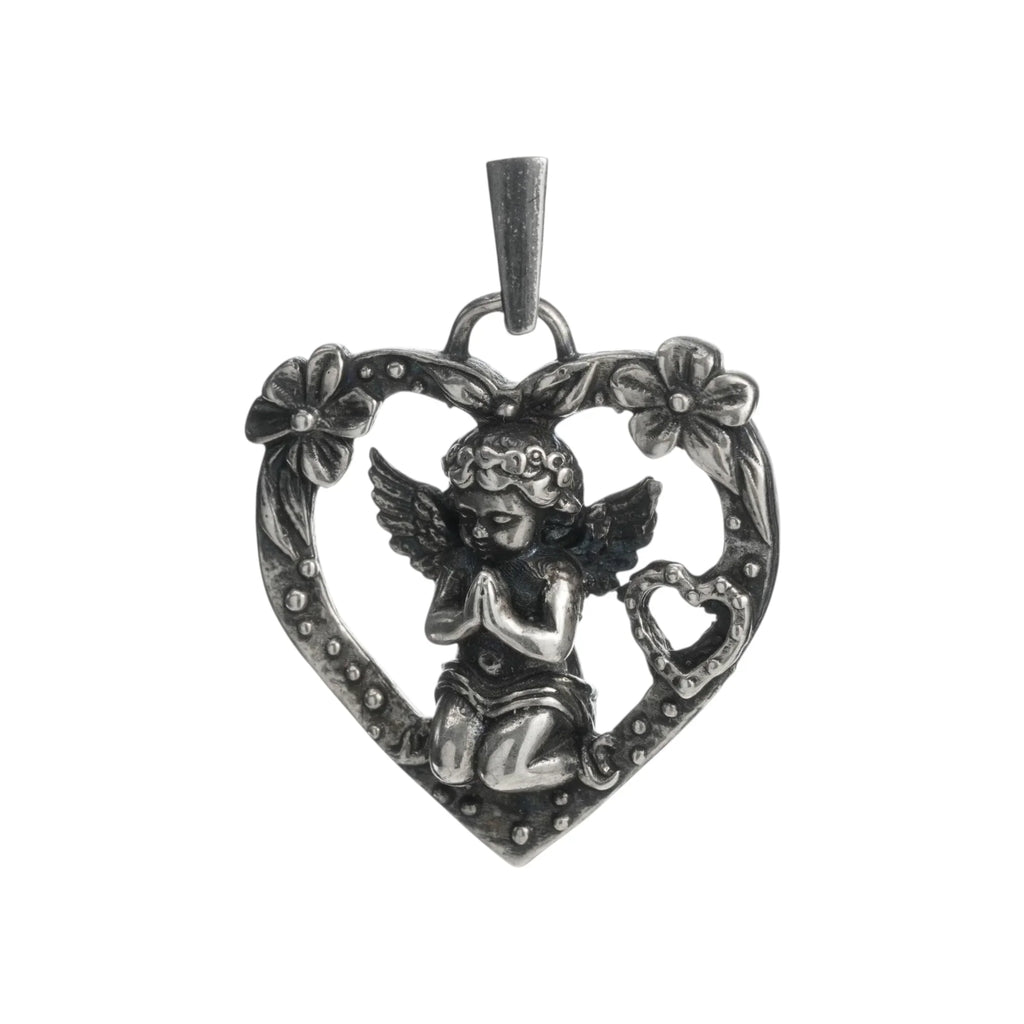 Pandantiv inimă „Rugăciunea unui Înger” pentru femei din argint 925 cu înger și flori – talisman pentru iubire și protecție, bijuterie sculpturală în stil boho și rustic | Art Diva