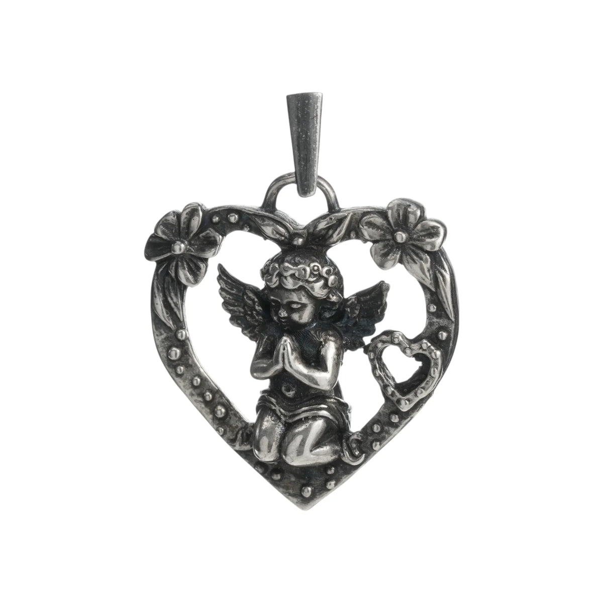 Pandantiv inimă „Rugăciunea unui Înger” pentru femei din argint 925 cu înger și flori – talisman pentru iubire și protecție, bijuterie sculpturală în stil boho și rustic | Art Diva