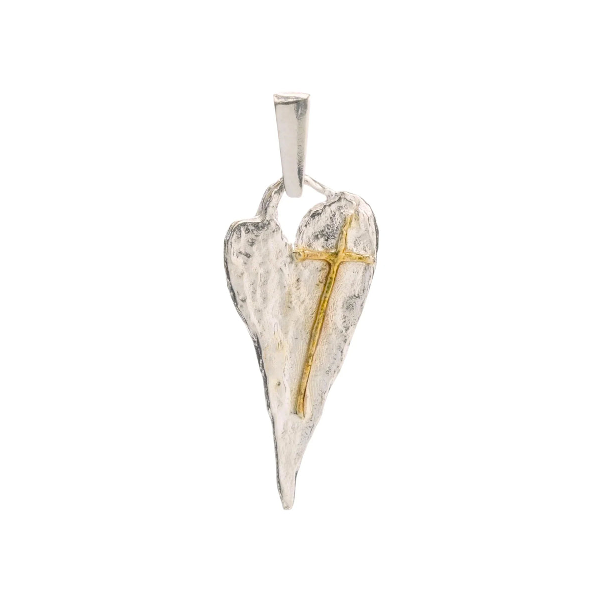 Pandantiv „Inimă alungită cu cruce” din argint 925 cu accente aurii – talisman boho realizat manual pentru credința în iubire, bijuterie sculpturală și cadou pentru mamă, fiică sau prietenă | Art Diva