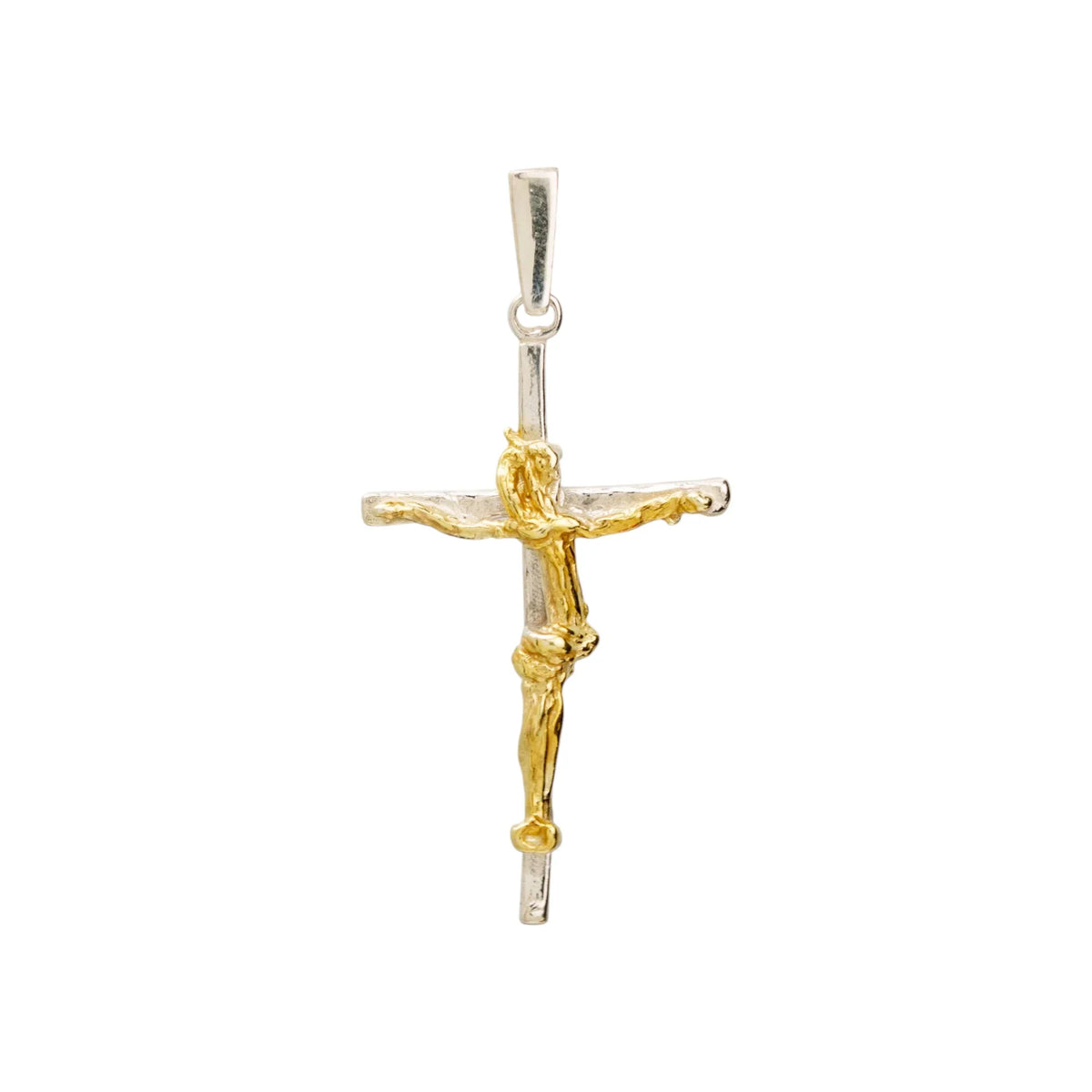 Pandantiv crucifix din argint 925 cu figura lui Hristos lucrată artistic și accente aurii – simbol handmade al credinței și al protecției în stil boho și rustic | Art Diva