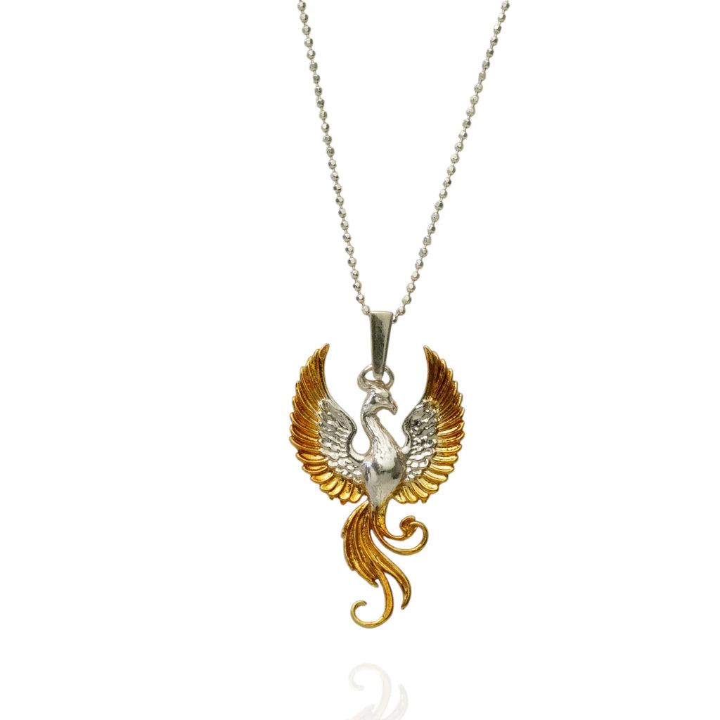 Pandantiv „Phoenix” din argint 925 cu accente aurii – talisman lustruit manual pentru renaștere, forță și nou început, bijuterie sculpturală în stil boho-rustic | Art Diva