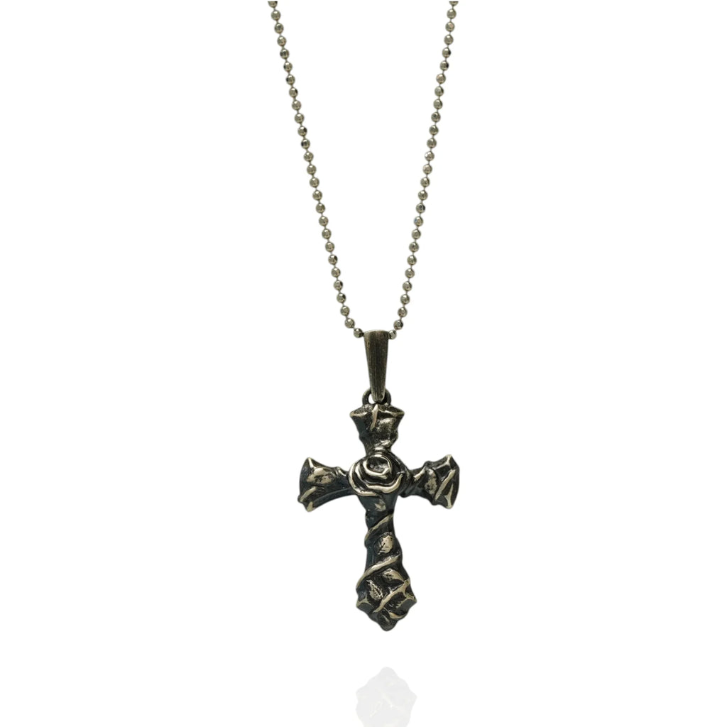 Pandantiv Cruce cu Trandafir din argint 925 – design oxidat boho-rustic | Art Diva