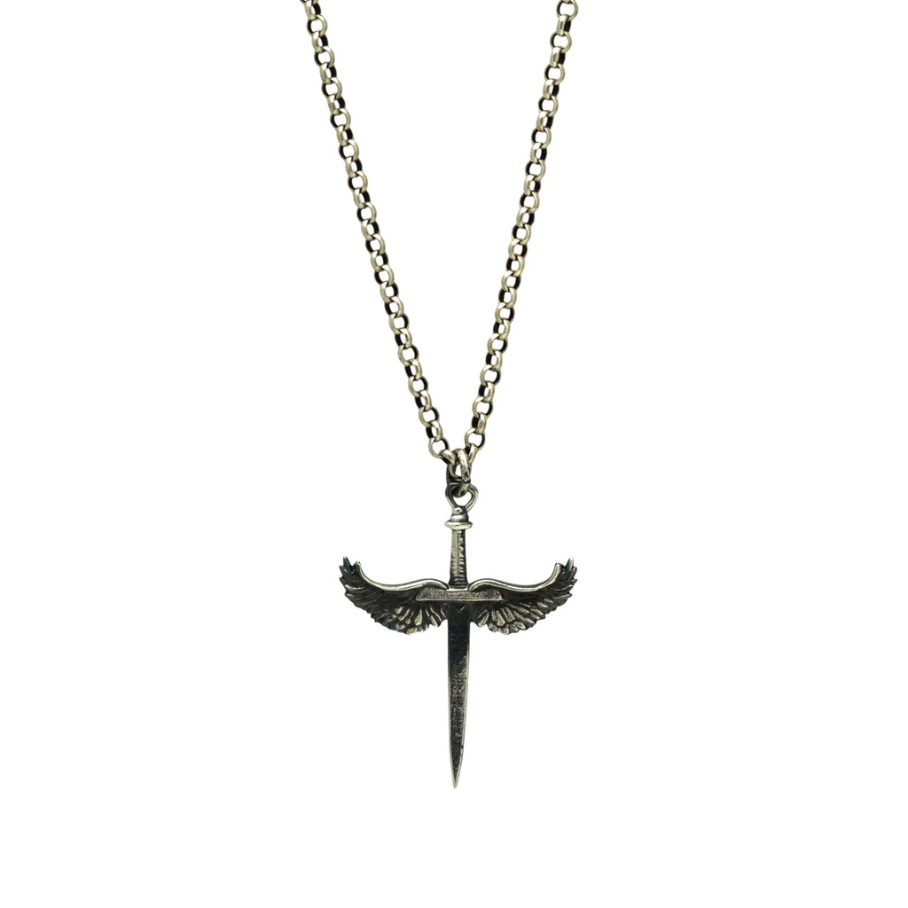 Pandantiv „Sabie cu Aripi de Înger” pentru bărbați din argint 925 – talisman realizat manual pentru forță și protecție, bijuterie sculpturală boho și rustică | Art Diva