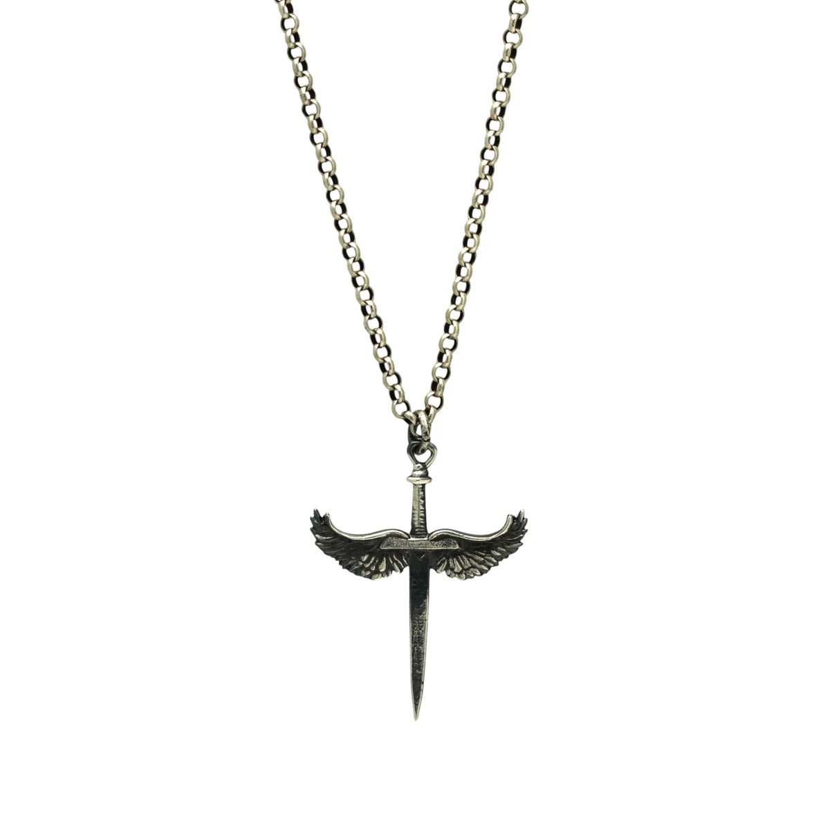 Pandantiv „Sabie cu Aripi de Înger” pentru bărbați din argint 925 – talisman realizat manual pentru forță și protecție, bijuterie sculpturală boho și rustică | Art Diva