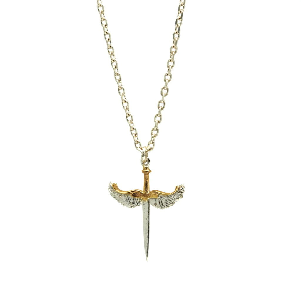 Pandantiv „Sabie cu Aripi de Înger” pentru bărbați din argint 925 cu accente aurii – talisman realizat manual pentru forță și protecție, bijuterie sculpturală în stil boho | Art Diva