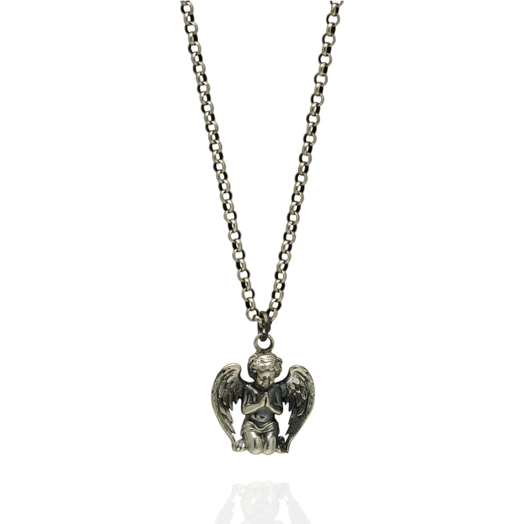Pandantiv „Înger în rugăciune” din argint 925 cu finisaj oxidat – talisman pentru credință și lumină, amuletă de protecție pentru pace interioară, bijuterie sculpturală în stil boho și rustic | Art Diva