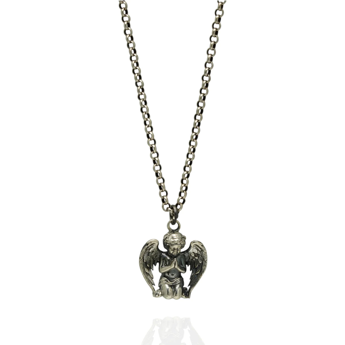 Pandantiv „Înger în rugăciune” din argint 925 cu finisaj oxidat – talisman pentru credință și lumină, amuletă de protecție pentru pace interioară, bijuterie sculpturală în stil boho și rustic | Art Diva