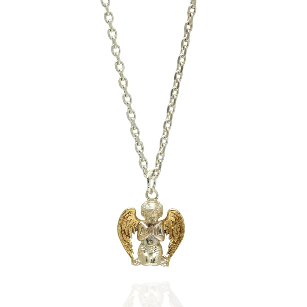 Pandantiv „Înger în Rugăciune” pentru bărbați din argint 925 cu aripi aurii – talisman handmade pentru credință, protecție și forță interioară | Art Diva