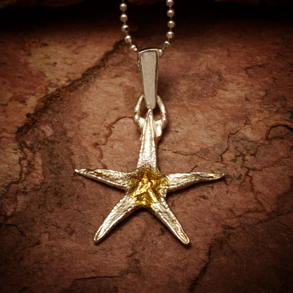 Pandantiv Stea de mare din argint 925 cu accente aurii – talisman handmade pentru noroc, stil boho rustic, Art Diva