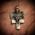 Pandantiv înger și cruce din argint 925 oxidat, talisman handmade de protecție pentru bărbați în stil boho, Art Diva