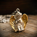 Pandantiv Înger în Rugăciune din argint 925 cu aripi aurii, talisman handmade de protecție pentru bărbați, Art Diva