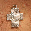Pandantiv cruce cu inimă și flori din argint 925 – bijuterie sculpturală handmade în stil boho, Art Diva